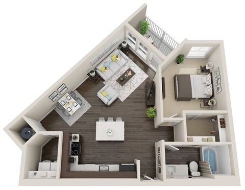 Floor plan for 1 bed, 1 bath, 874 sqft